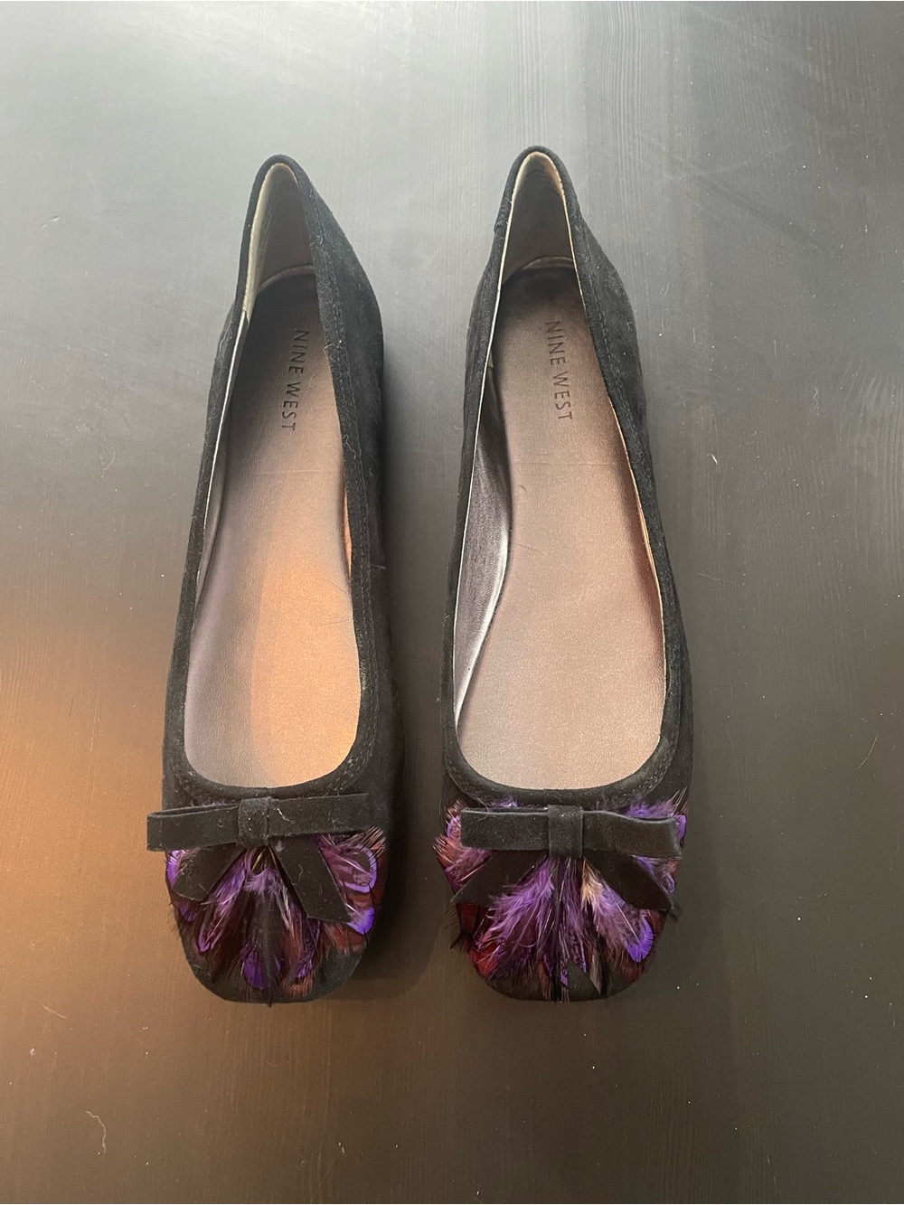 Nine West Black Suede Flats with Purple Feather Detail